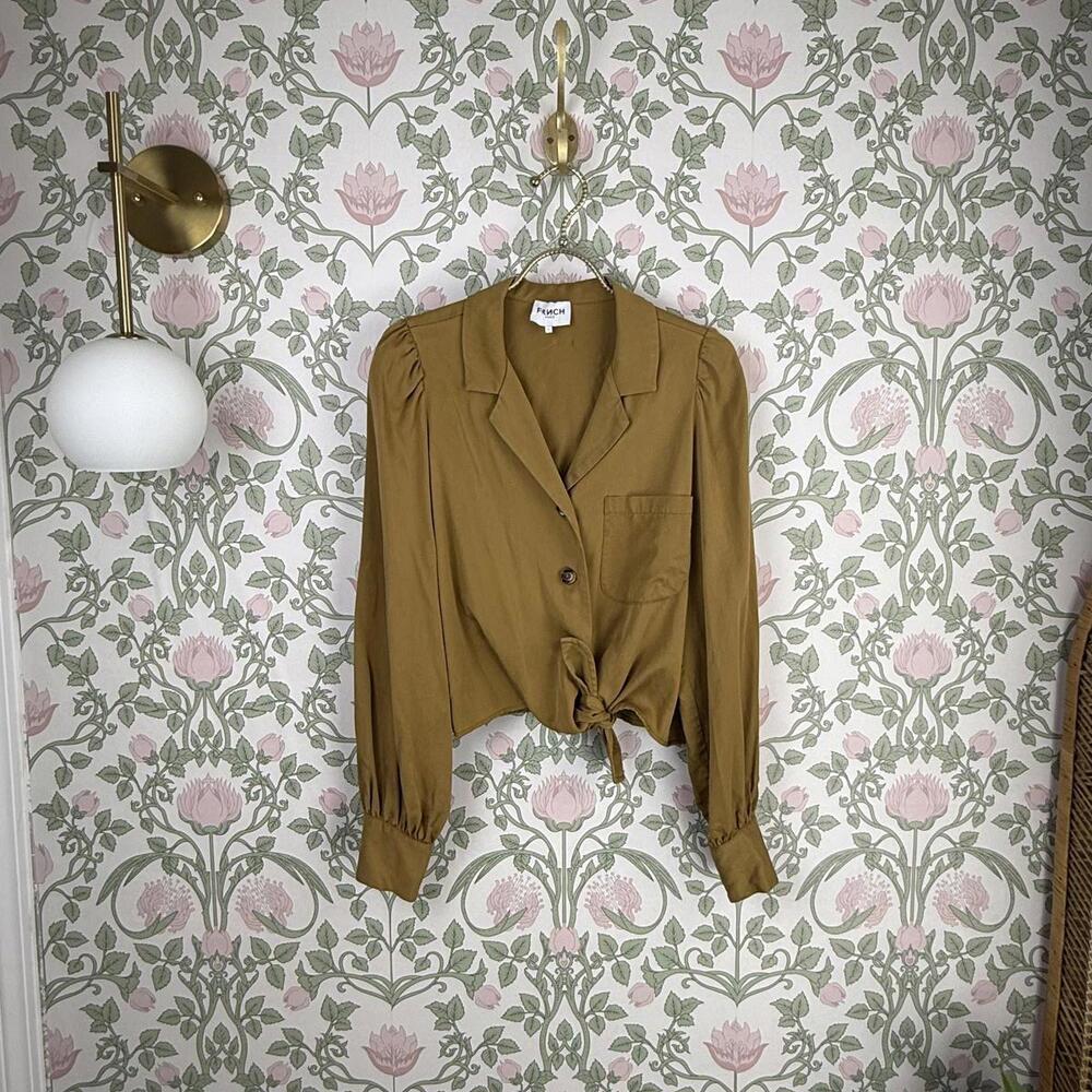 Frnch Paris Mustard Tie-Front Collared Blouse with Puff Sleeves - Size - Small